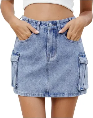 Cargo Skirt for Women Low Waist Y2k Mini Denim Skirt Cute Casual Jean Skirts Button Down Streetwear with Pockets