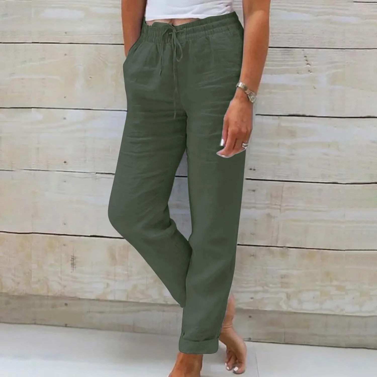 Casual Capri Pants for Women Cotton Linen Harem Solid Simple Loose Fit High Waisted Baggy Trousers Summer Vacation