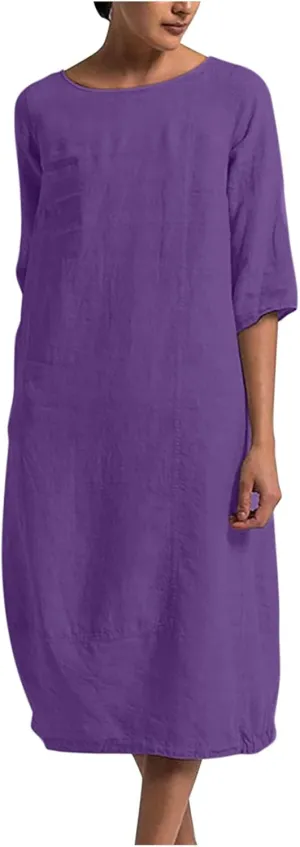 Casual Summer Dresses for Women 2024 Comfy Plus Size Cotton Linen Midi Dresses Loose Fit Half Sleeve Maxi Dresses