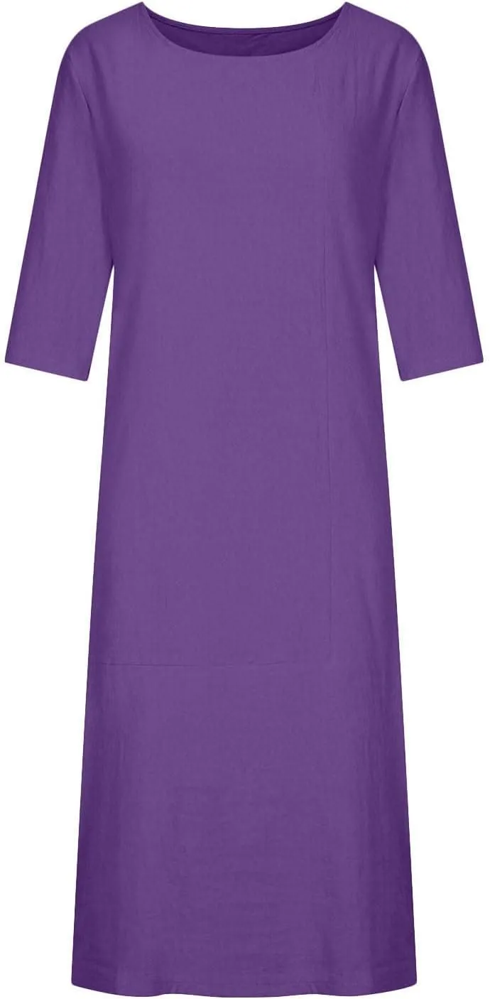 Casual Summer Dresses for Women 2024 Comfy Plus Size Cotton Linen Midi Dresses Loose Fit Half Sleeve Maxi Dresses