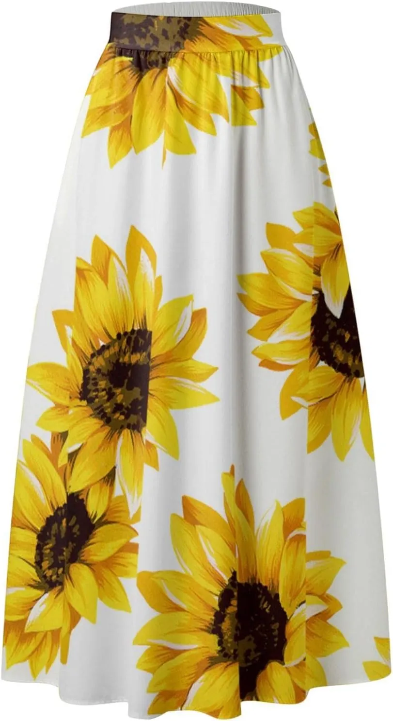 Casual Summer Skirt for Women 2023 Boho High Waist Boho Printed Loose Hem Swing Long Maxi Skirt with Pocket Party Flowy