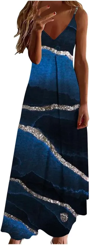 Ceboyel Maxi Sundresses for Women 2023 Marble Print Maxi Long Dress Spaghetti Strap Summer Dresses Trendy Beach Outfits