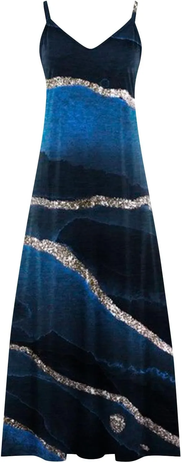 Ceboyel Maxi Sundresses for Women 2023 Marble Print Maxi Long Dress Spaghetti Strap Summer Dresses Trendy Beach Outfits