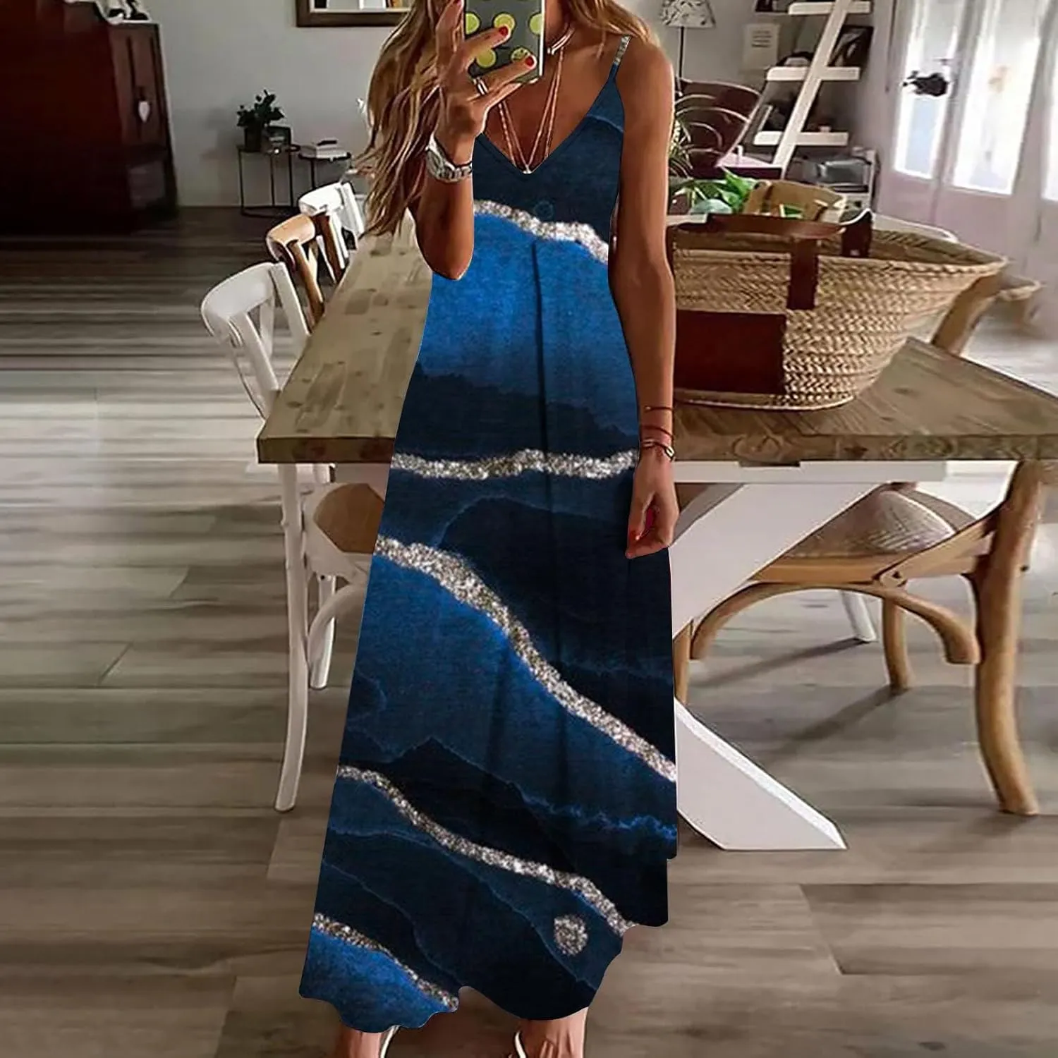 Ceboyel Maxi Sundresses for Women 2023 Marble Print Maxi Long Dress Spaghetti Strap Summer Dresses Trendy Beach Outfits