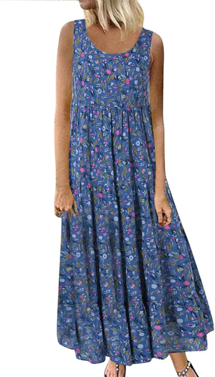 Ceboyel Women Boho Floral Maxi Dresses Flowy Tank Dress Sleeveless Smocked Sundresses Trendy Casual Beach Long Sun Dress