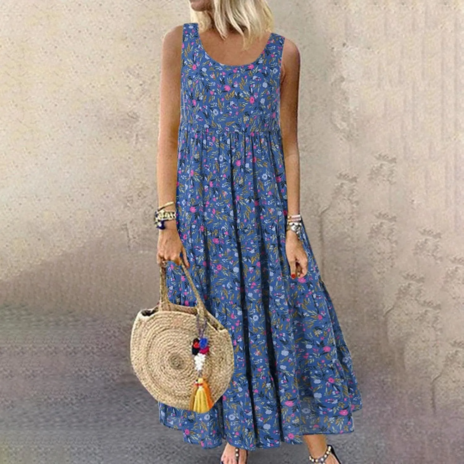 Ceboyel Women Boho Floral Maxi Dresses Flowy Tank Dress Sleeveless Smocked Sundresses Trendy Casual Beach Long Sun Dress