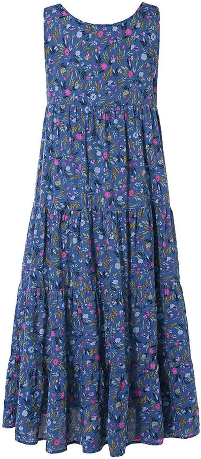 Ceboyel Women Boho Floral Maxi Dresses Flowy Tank Dress Sleeveless Smocked Sundresses Trendy Casual Beach Long Sun Dress