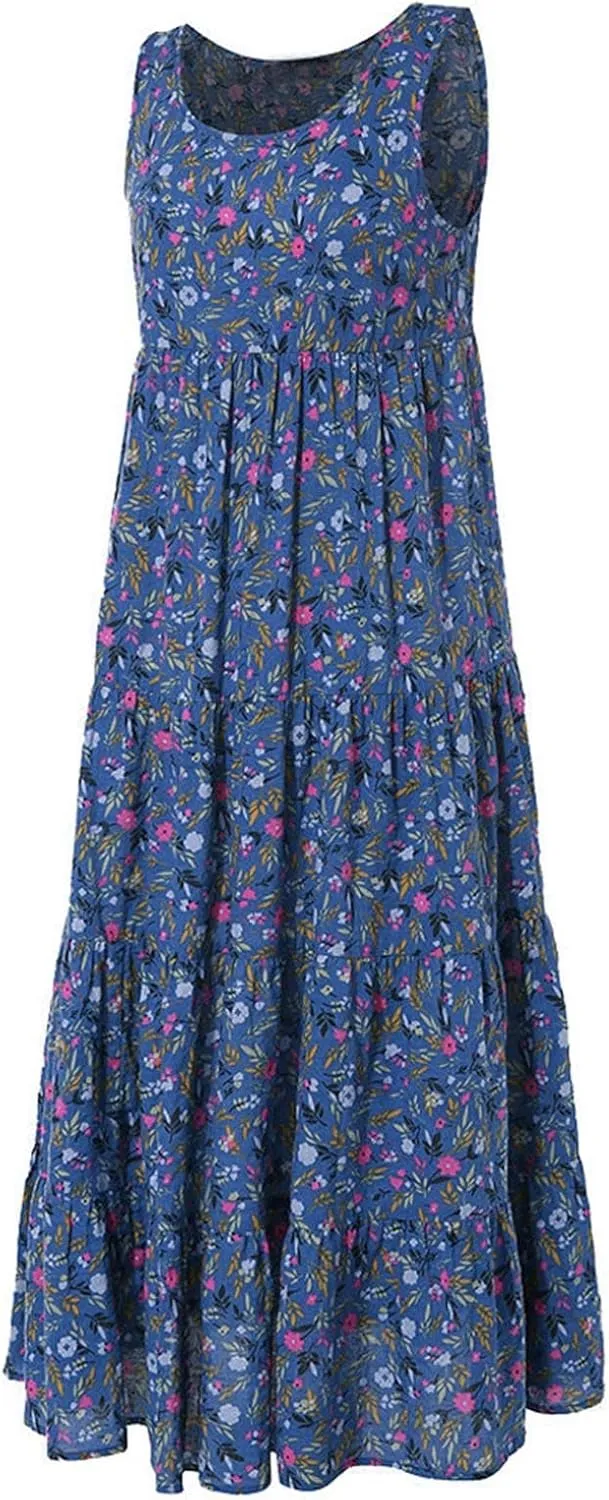 Ceboyel Women Boho Floral Maxi Dresses Flowy Tank Dress Sleeveless Smocked Sundresses Trendy Casual Beach Long Sun Dress