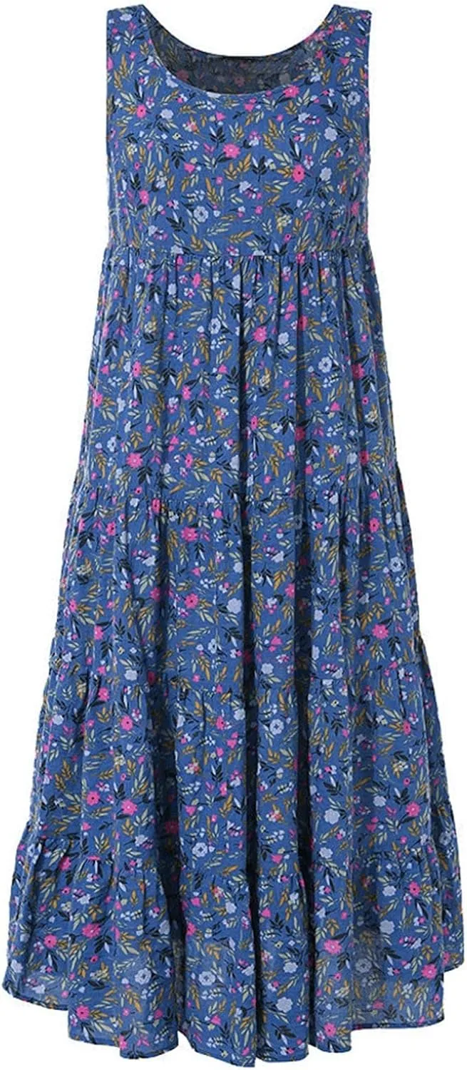 Ceboyel Women Boho Floral Maxi Dresses Flowy Tank Dress Sleeveless Smocked Sundresses Trendy Casual Beach Long Sun Dress