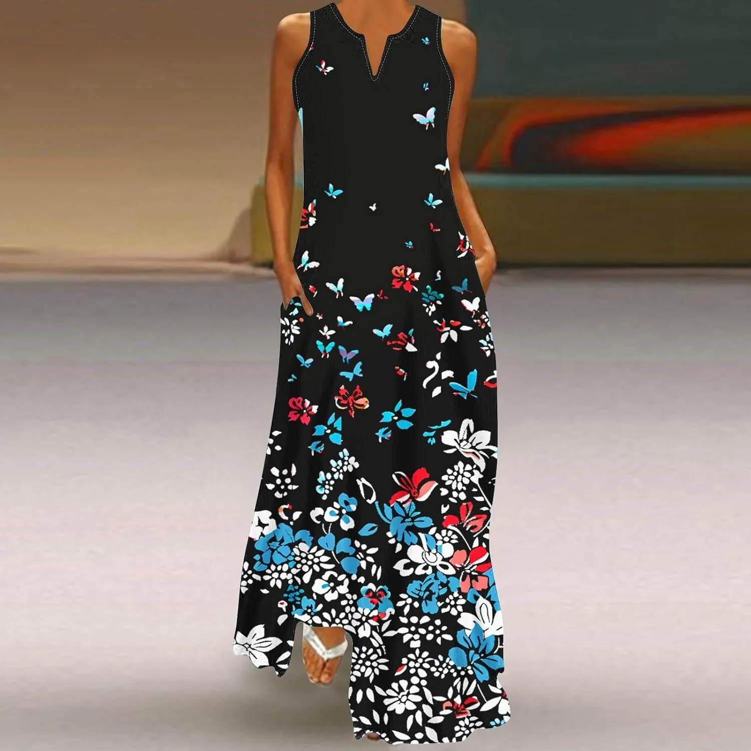 Ceboyel Women Floral Summer Dresses 2024 Sleeveless Casual Maxi Dress Long Flowy Sundresses Trendy Beach Vacation Clothes