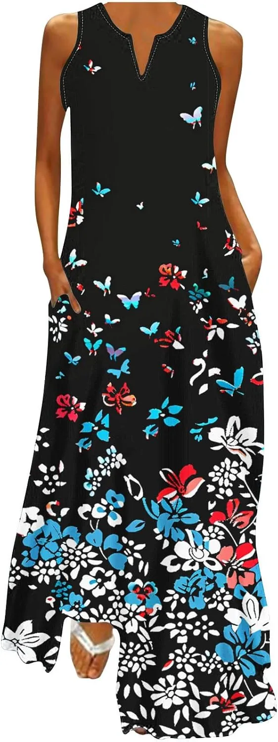 Ceboyel Women Floral Summer Dresses 2024 Sleeveless Casual Maxi Dress Long Flowy Sundresses Trendy Beach Vacation Clothes