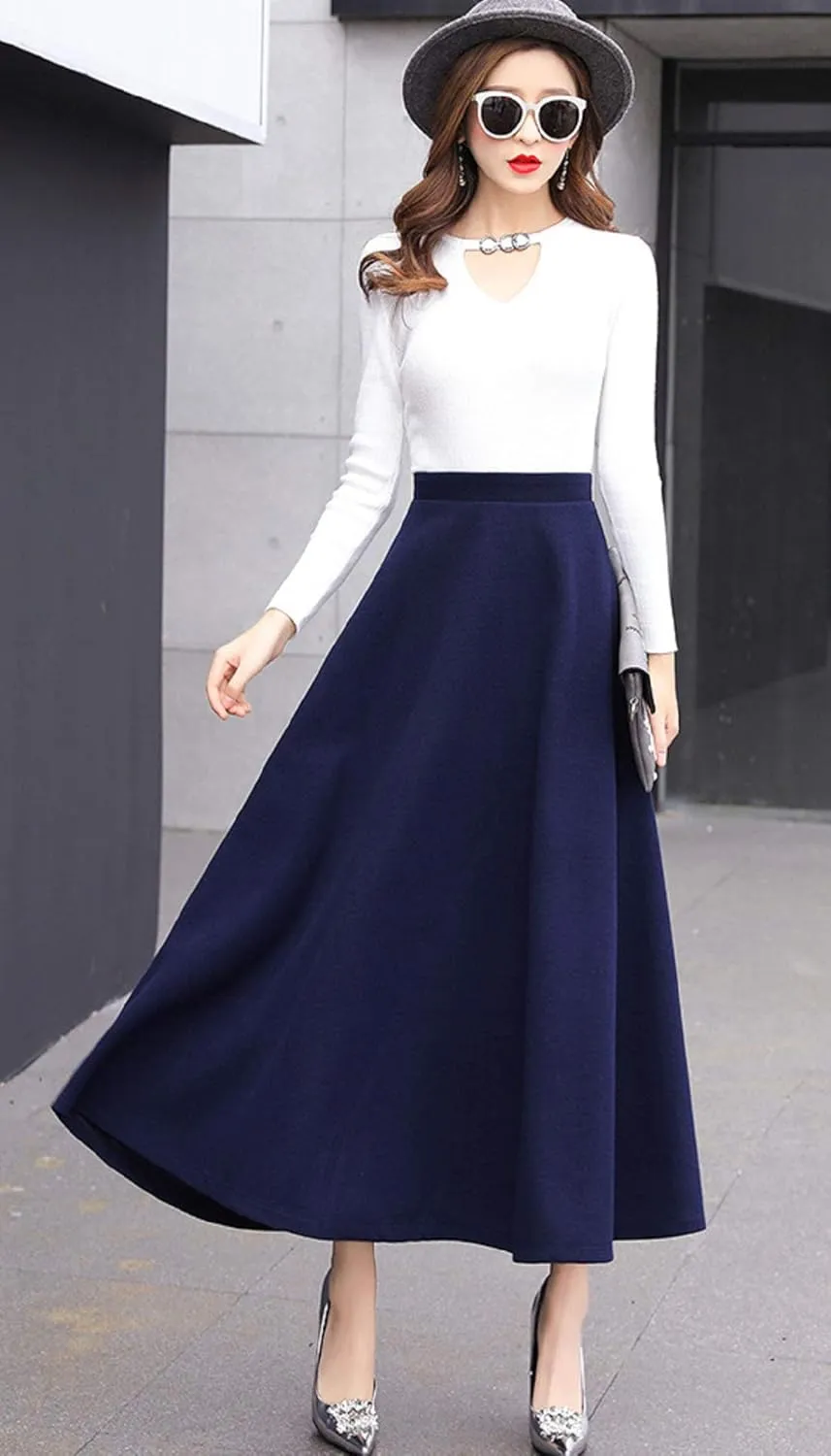 CHARTOU Women's Stretchy High Waist Woolen Flared A Line Swing Maxi Long Skirt