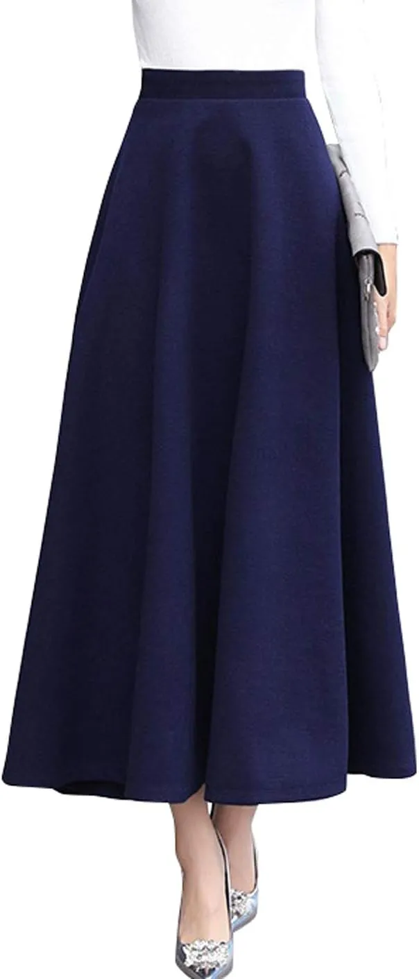 CHARTOU Women's Stretchy High Waist Woolen Flared A Line Swing Maxi Long Skirt