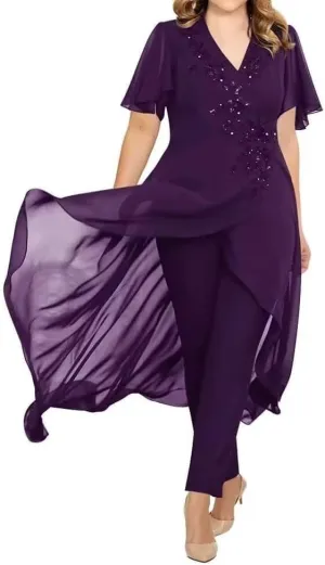 Chiffon 2 Pieces Mother of The Bride Pant Suits for Wedding Chiffon High Low Pant Suits for Women Dressy Party