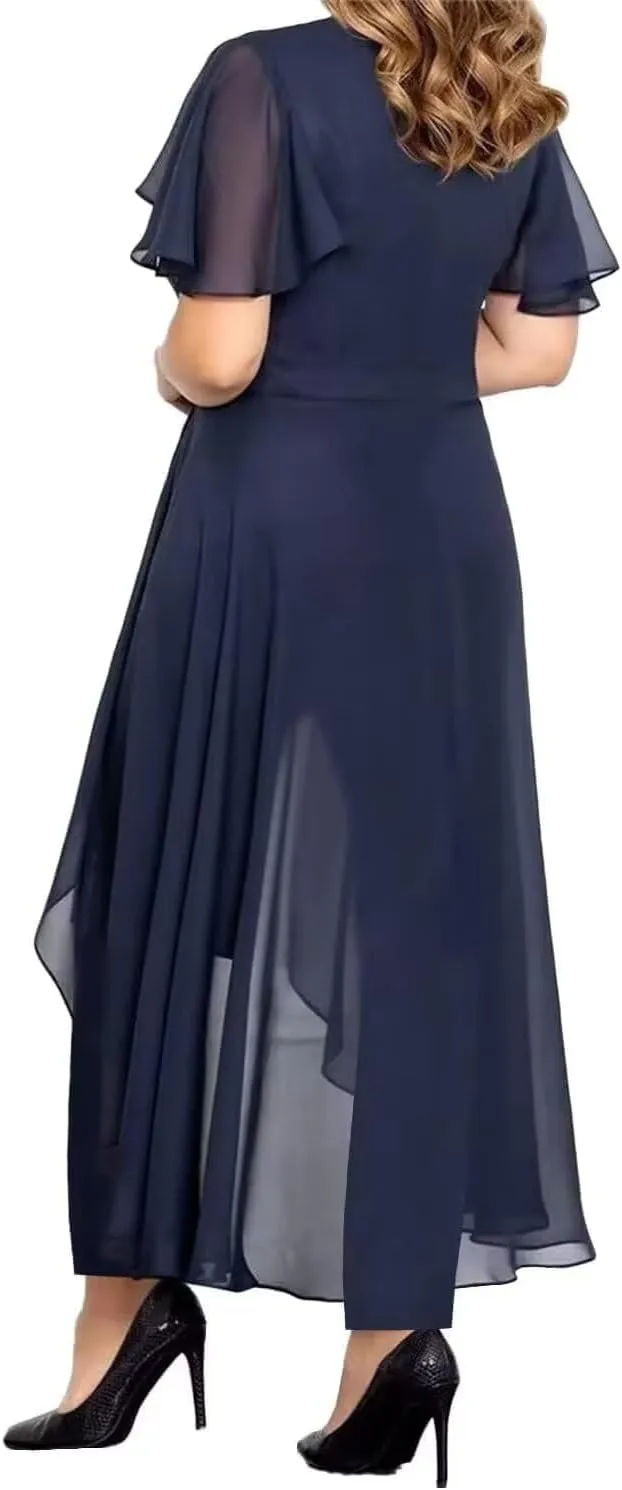 Chiffon 2 Pieces Mother of The Bride Pant Suits for Wedding Chiffon High Low Pant Suits for Women Dressy Party