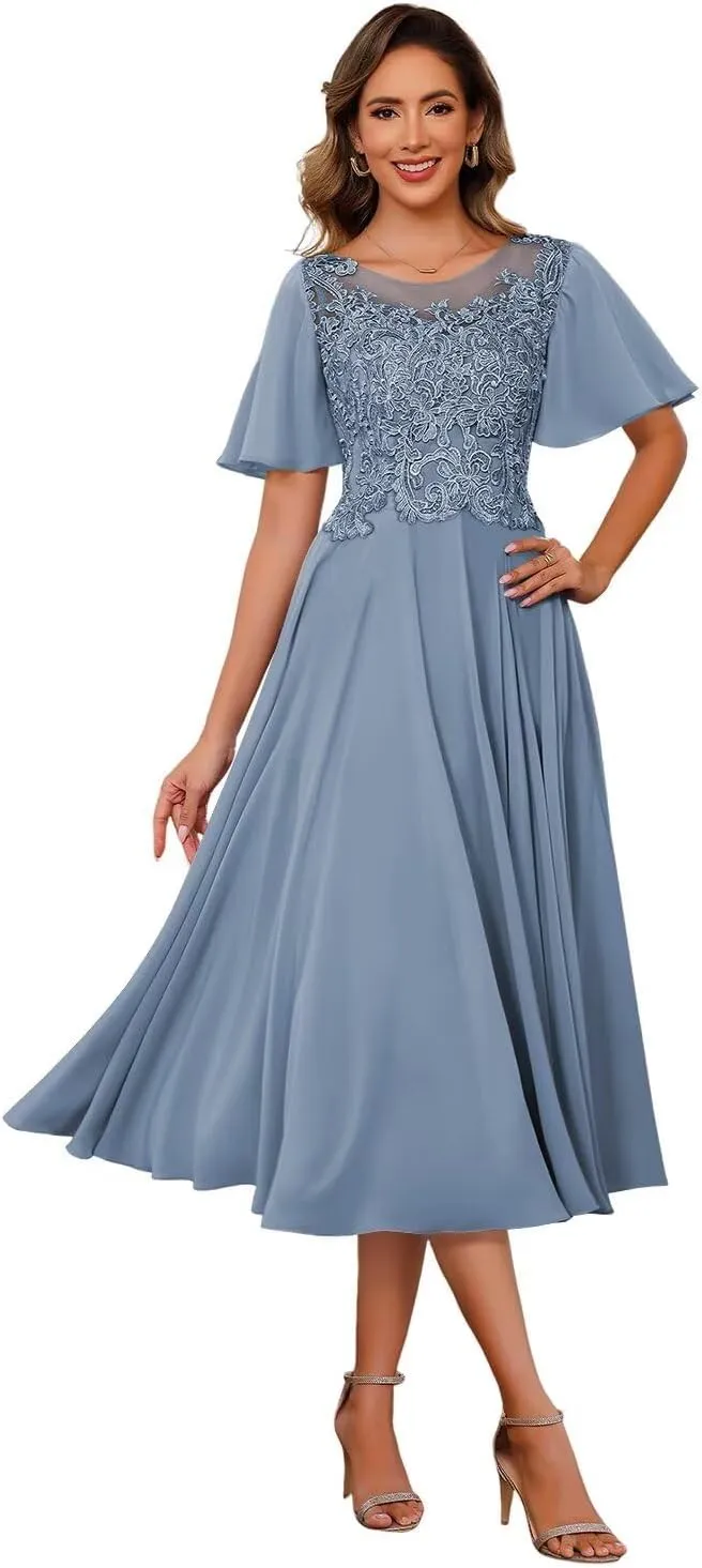 Chiffon Mother of The Bride Dresses 2025 Tea Length Lace Appliques Short Sleeves Formal Dresses XOD0479