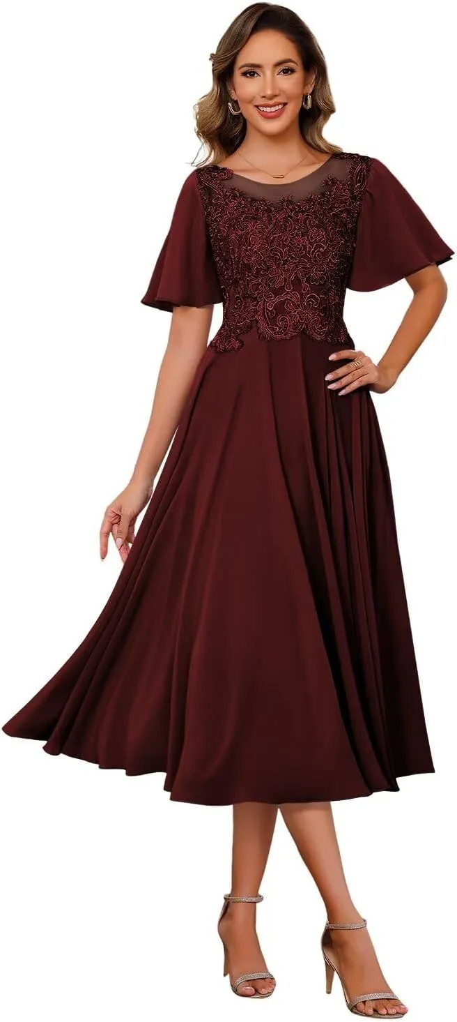 Chiffon Mother of The Bride Dresses 2025 Tea Length Lace Appliques Short Sleeves Formal Dresses XOD0479