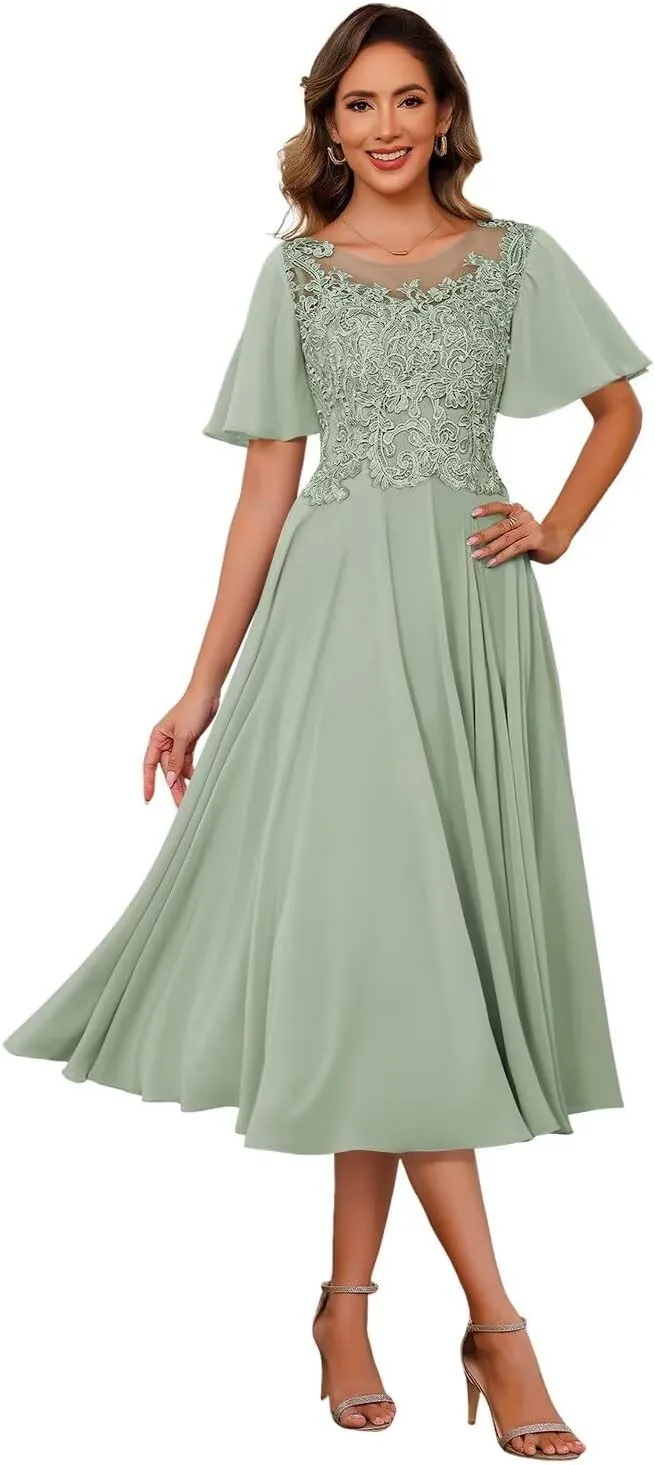 Chiffon Mother of The Bride Dresses 2025 Tea Length Lace Appliques Short Sleeves Formal Dresses XOD0479