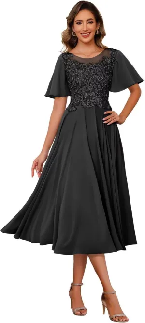 Chiffon Mother of The Bride Dresses 2025 Tea Length Lace Appliques Short Sleeves Formal Dresses XOD0479