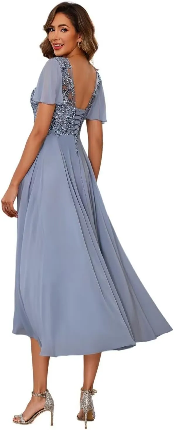 Chiffon Mother of The Bride Dresses 2025 Tea Length Lace Appliques Short Sleeves Formal Dresses XOD0479
