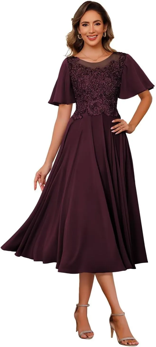 Chiffon Mother of The Bride Dresses 2025 Tea Length Lace Appliques Short Sleeves Formal Dresses XOD0479