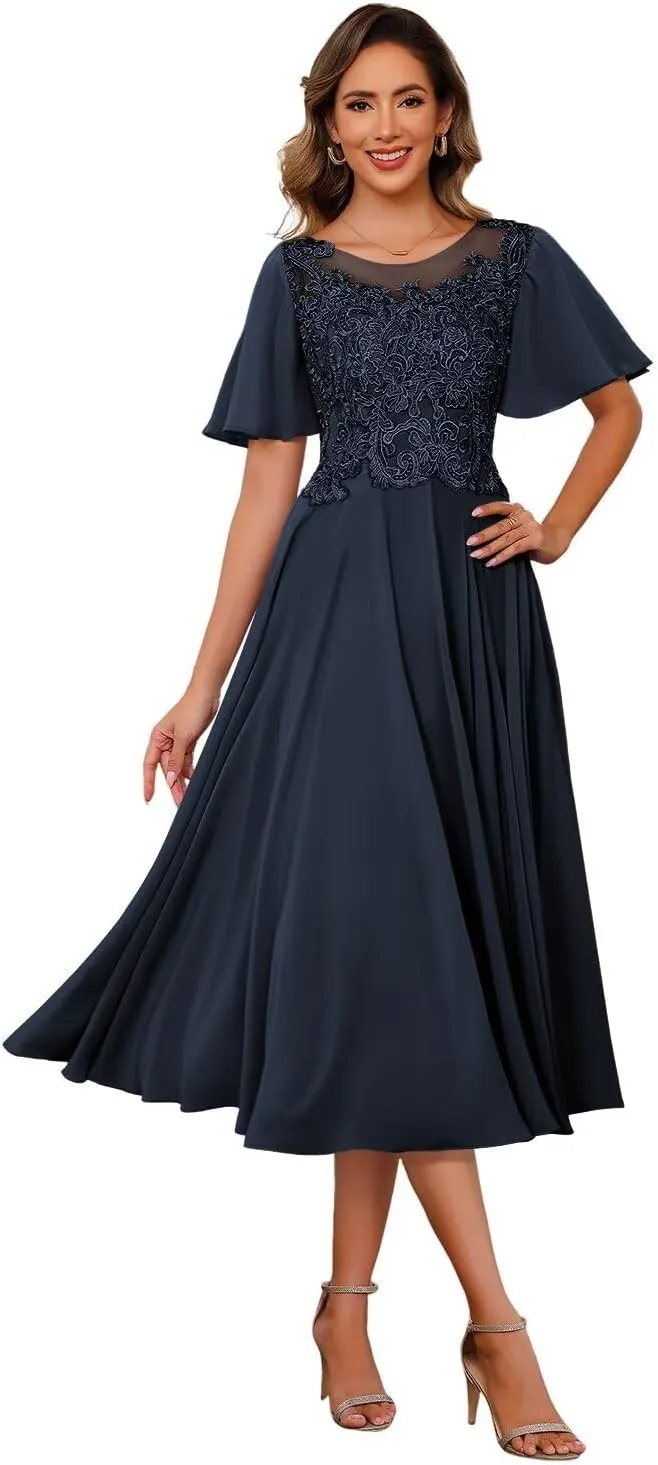 Chiffon Mother of The Bride Dresses 2025 Tea Length Lace Appliques Short Sleeves Formal Dresses XOD0479