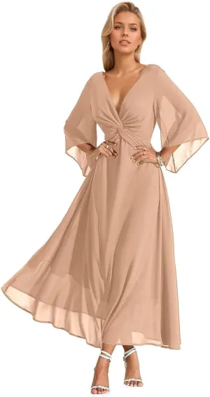 Chiffon V-Neck Bridesmaid Dresses Flowy Half Bell Sleeve Wedding Guest Dresses Midi Ruched Formal Gowns DR0575