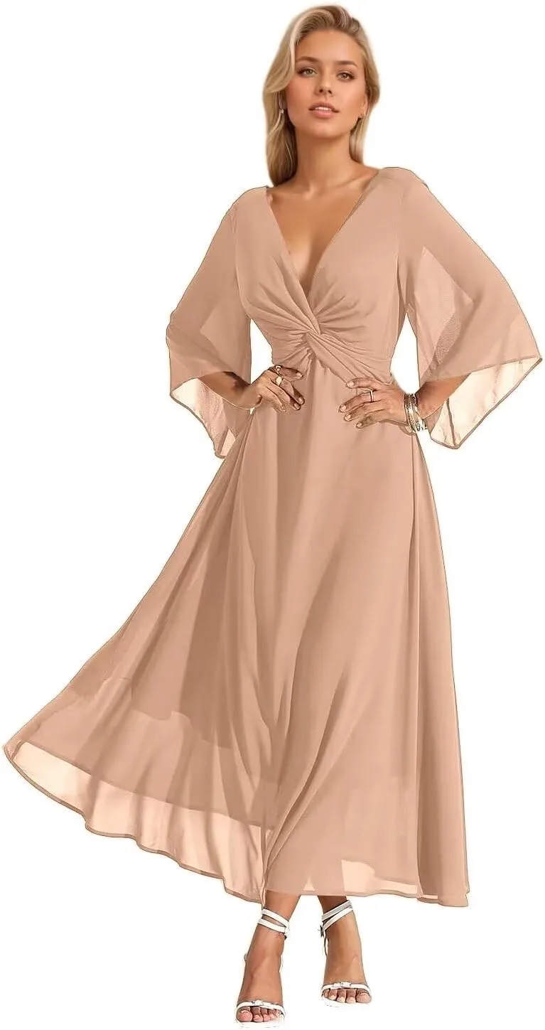 Chiffon V-Neck Bridesmaid Dresses Flowy Half Bell Sleeve Wedding Guest Dresses Midi Ruched Formal Gowns DR0575