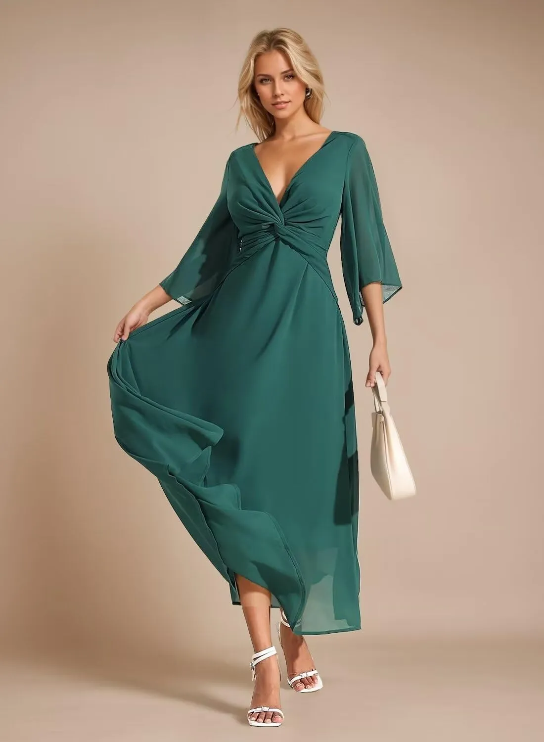 Chiffon V-Neck Bridesmaid Dresses Flowy Half Bell Sleeve Wedding Guest Dresses Midi Ruched Formal Gowns DR0575