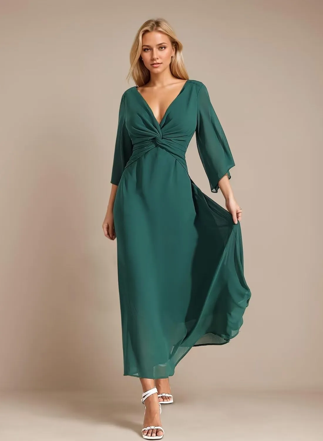 Chiffon V-Neck Bridesmaid Dresses Flowy Half Bell Sleeve Wedding Guest Dresses Midi Ruched Formal Gowns DR0575