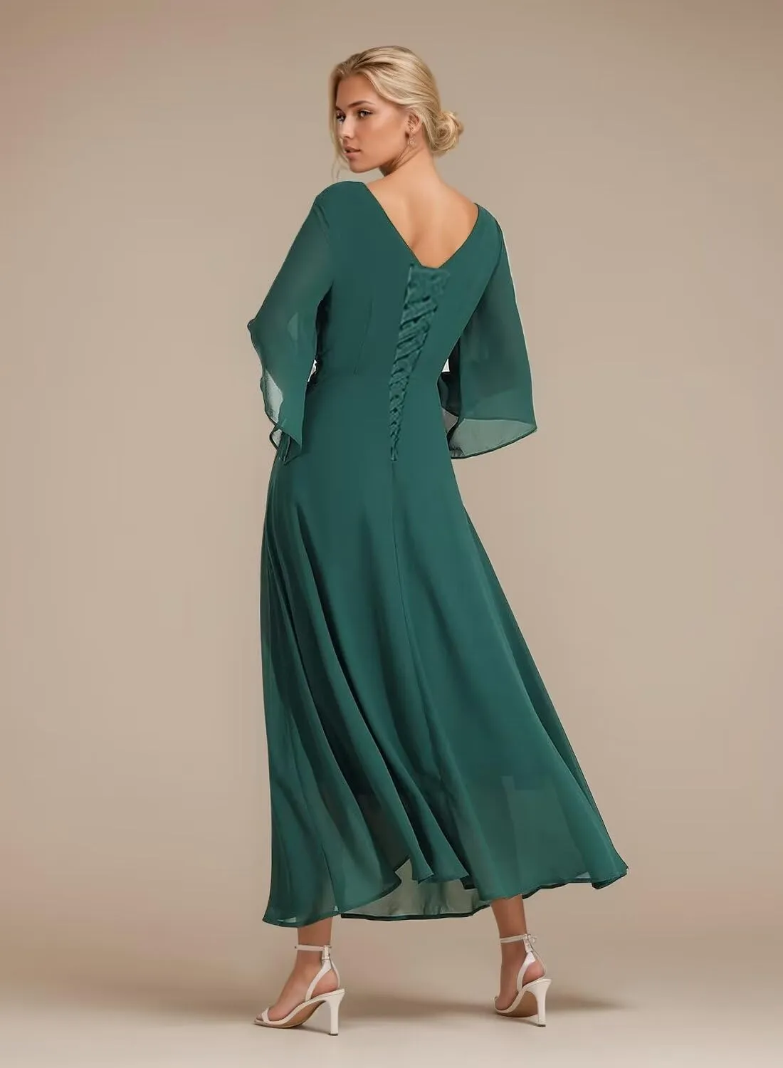 Chiffon V-Neck Bridesmaid Dresses Flowy Half Bell Sleeve Wedding Guest Dresses Midi Ruched Formal Gowns DR0575
