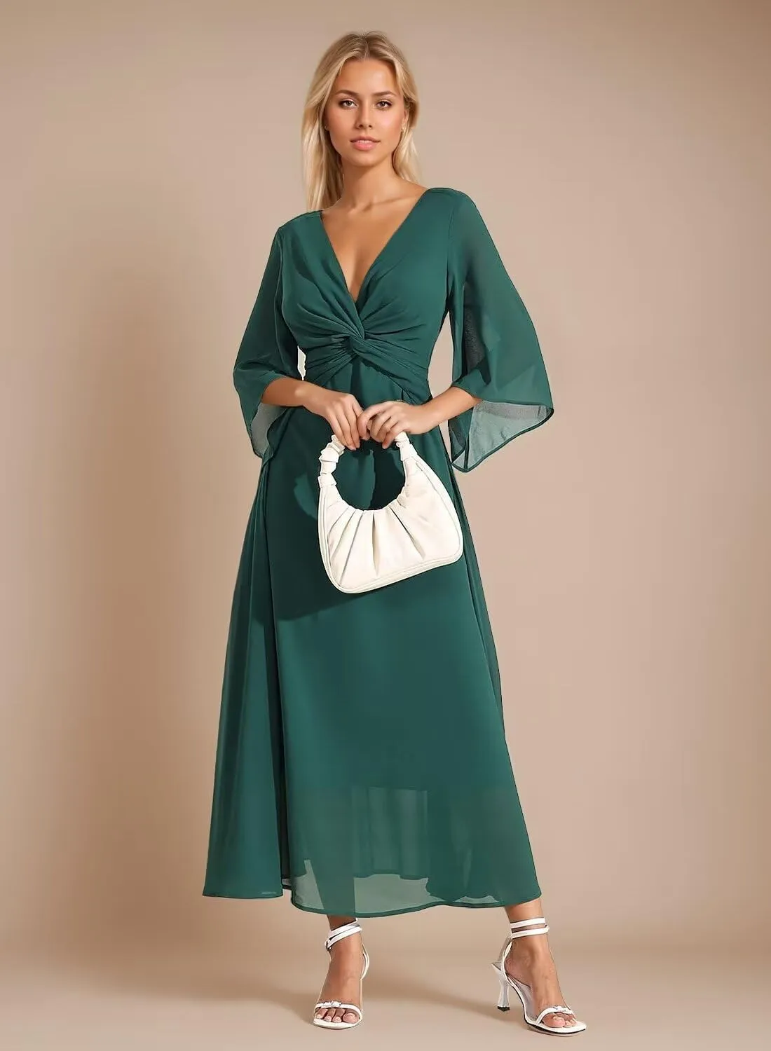 Chiffon V-Neck Bridesmaid Dresses Flowy Half Bell Sleeve Wedding Guest Dresses Midi Ruched Formal Gowns DR0575