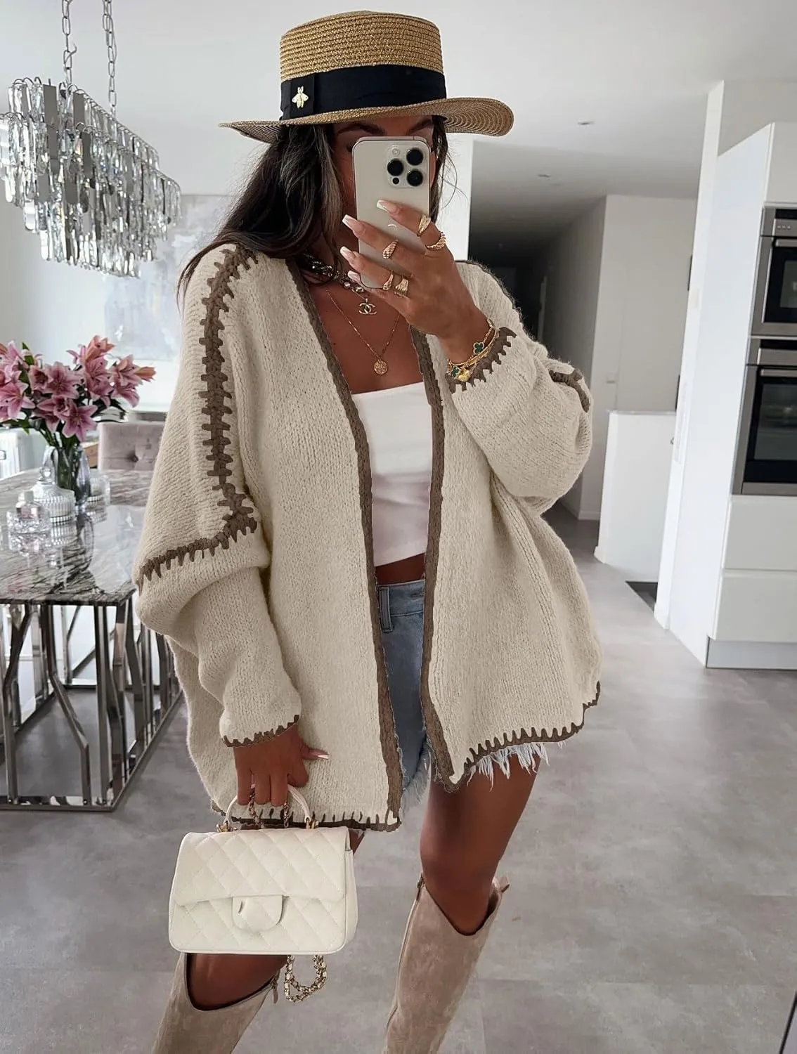chouyatou Women Fall Open Front Color Block Cardigan Sweater Casual Striped Chunky Knit Oversized Cardigan