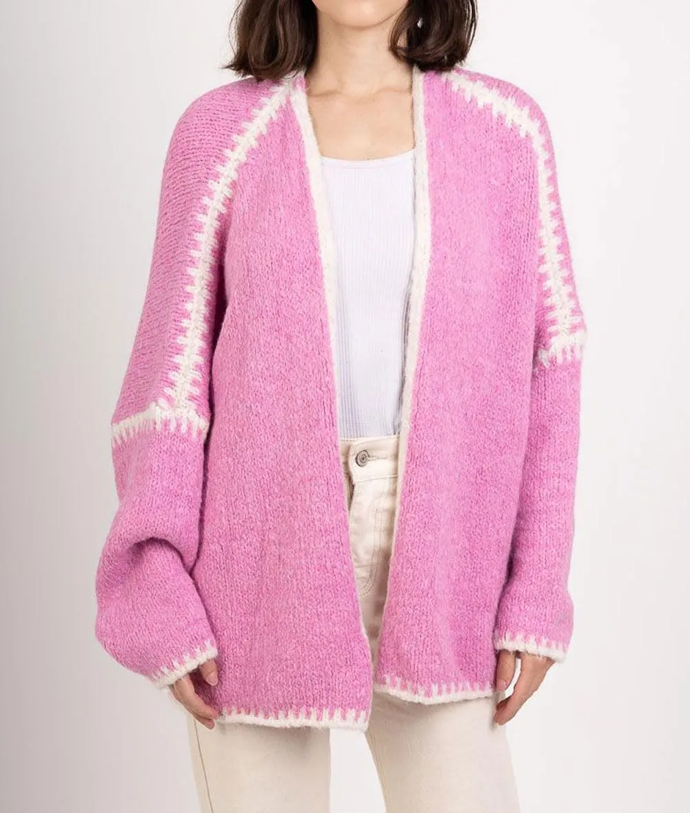 chouyatou Women Fall Open Front Color Block Cardigan Sweater Casual Striped Chunky Knit Oversized Cardigan