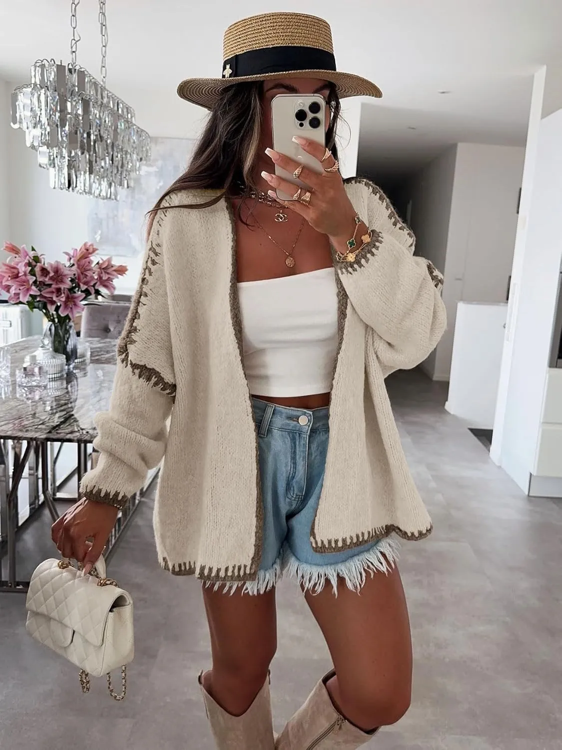 chouyatou Women Fall Open Front Color Block Cardigan Sweater Casual Striped Chunky Knit Oversized Cardigan