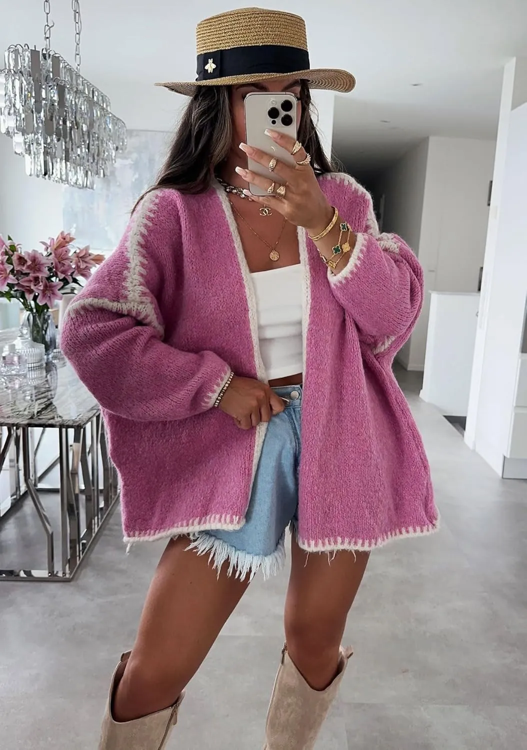 chouyatou Women Fall Open Front Color Block Cardigan Sweater Casual Striped Chunky Knit Oversized Cardigan