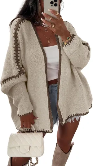 chouyatou Women Fall Open Front Color Block Cardigan Sweater Casual Striped Chunky Knit Oversized Cardigan