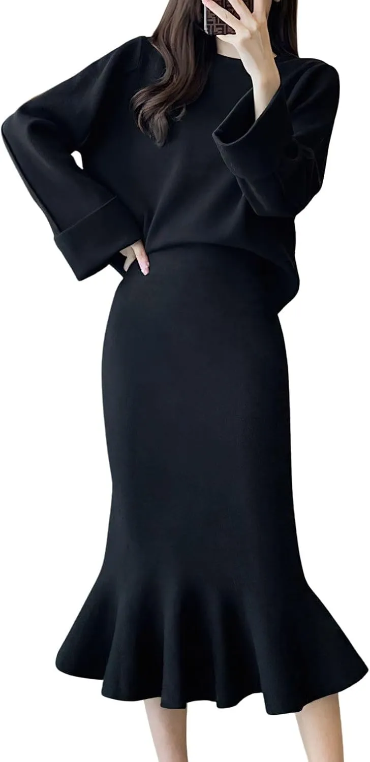 chouyatou Women's 2 Piece Outfits Long Sleeve Pullover Sweater and Package Hip Mermaid Midi Long Skirt Sets