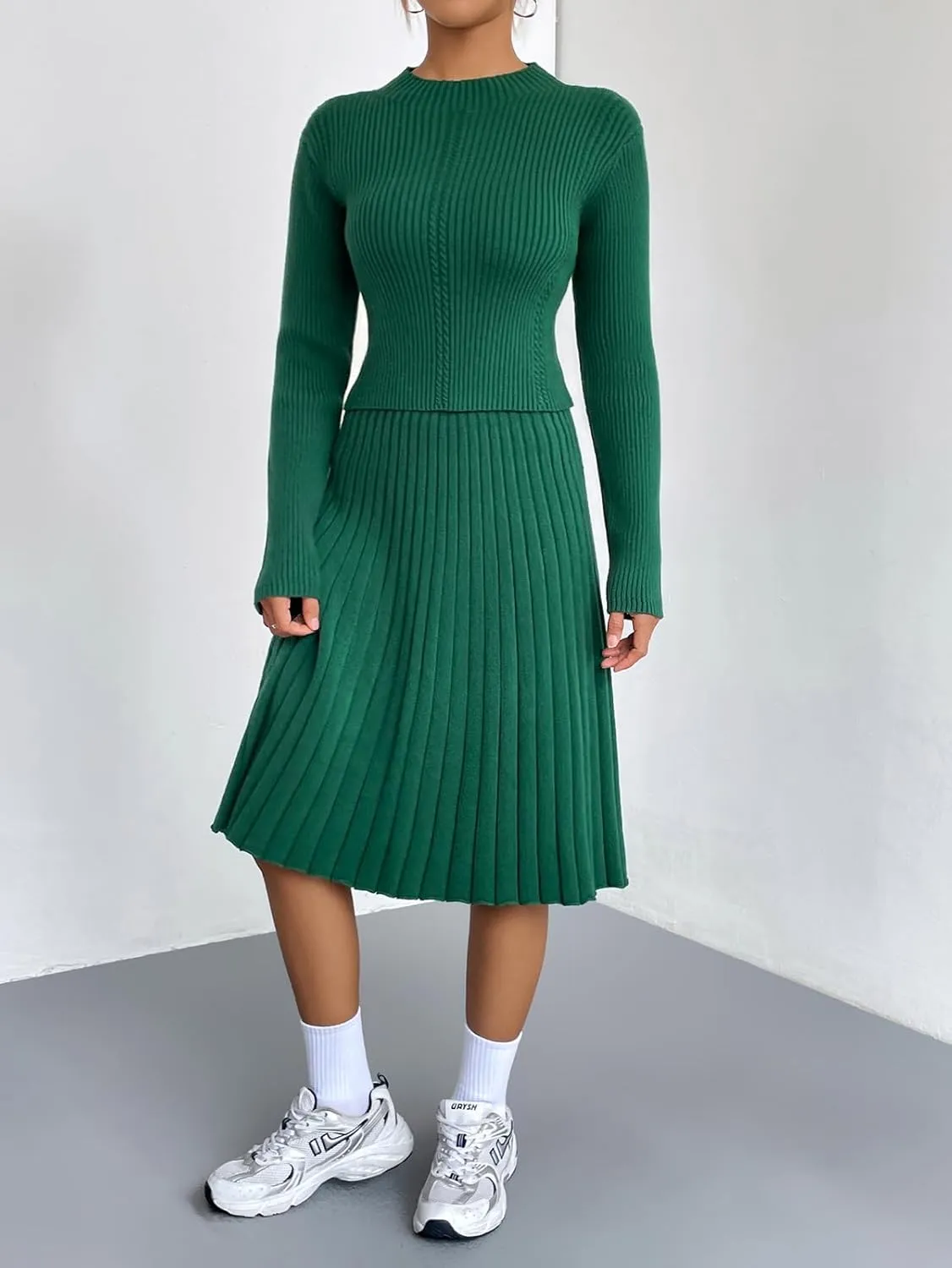 chouyatou Women's 2 Piece Outfits Long Sleeve Sweater Crop Top and Elastic Waist A-line Pleated Midi Skirt Sets