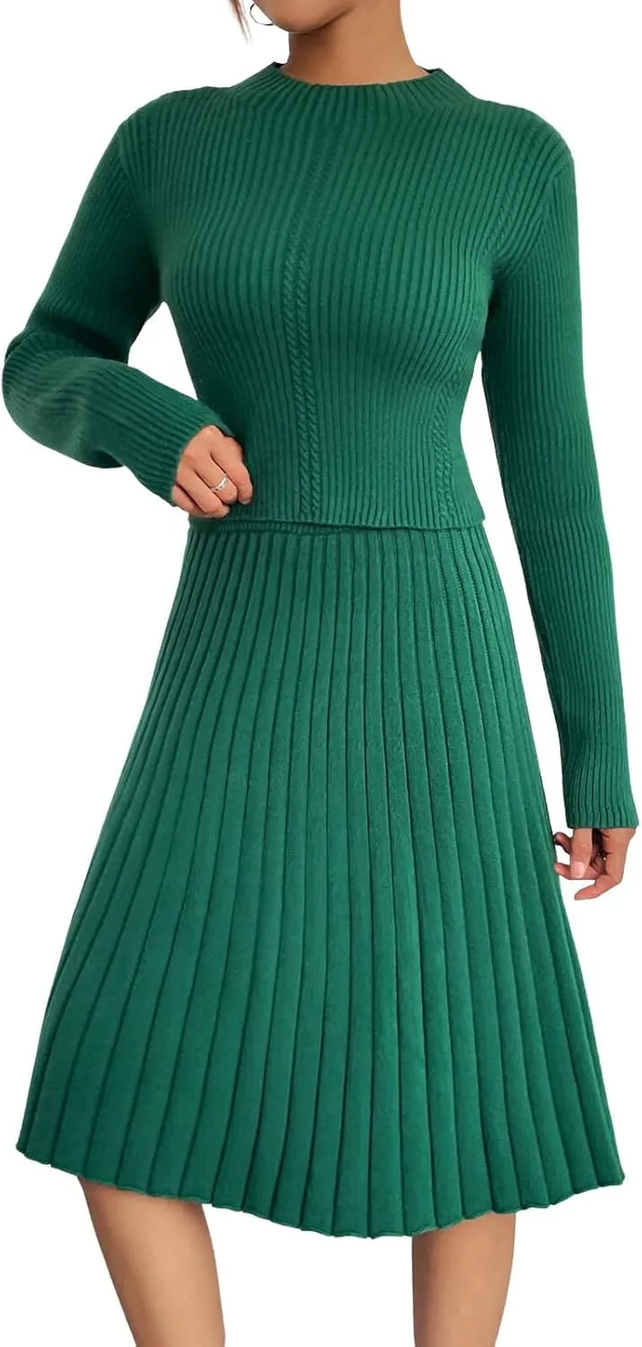 chouyatou Women's 2 Piece Outfits Long Sleeve Sweater Crop Top and Elastic Waist A-line Pleated Midi Skirt Sets