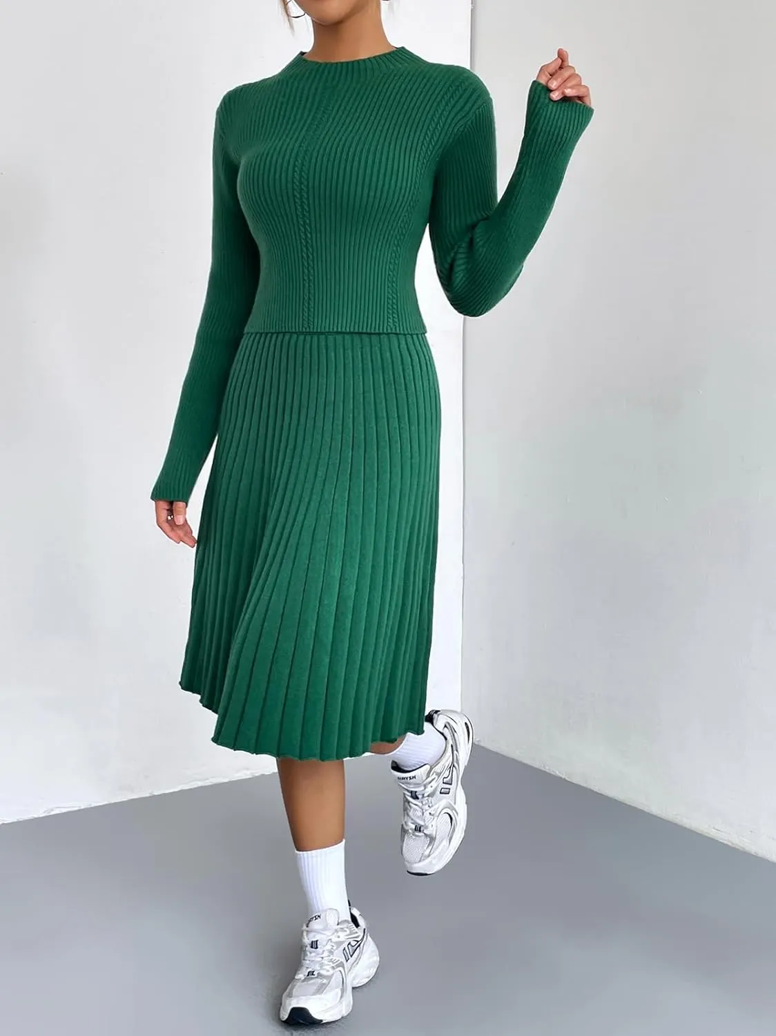 chouyatou Women's 2 Piece Outfits Long Sleeve Sweater Crop Top and Elastic Waist A-line Pleated Midi Skirt Sets