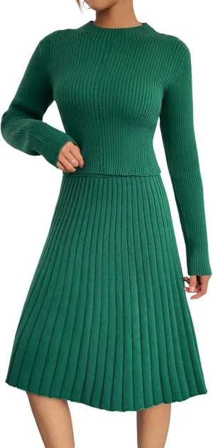 chouyatou Women's 2 Piece Outfits Long Sleeve Sweater Crop Top and Elastic Waist A-line Pleated Midi Skirt Sets