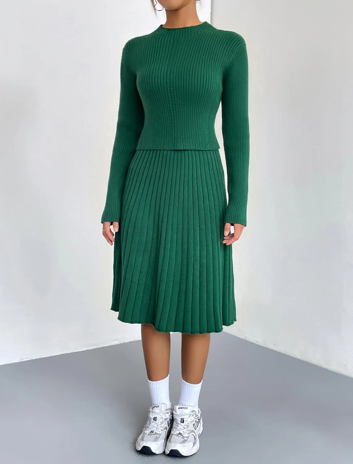chouyatou Women's 2 Piece Outfits Long Sleeve Sweater Crop Top and Elastic Waist A-line Pleated Midi Skirt Sets