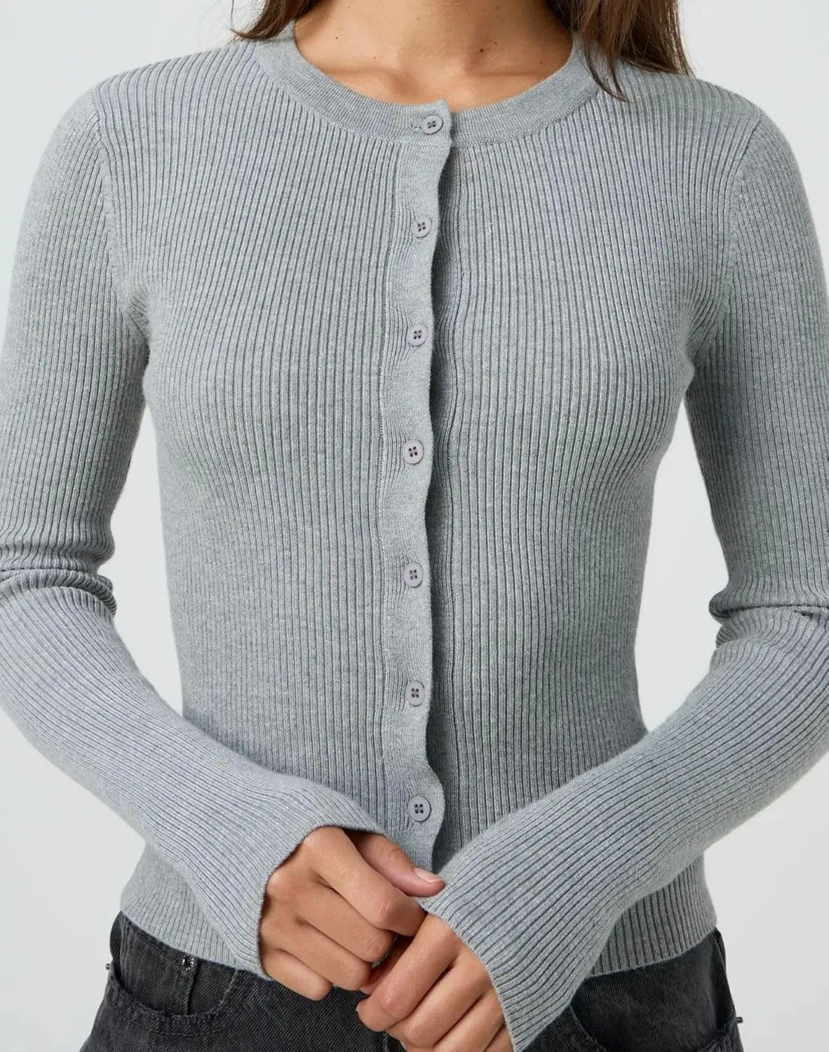Cioatin Women Long Sleeve Button Up Ribbed Knit Crop Cardigan Y2K Slim Fit Round Neck Sweater Tshirt Fall Going Out Tops