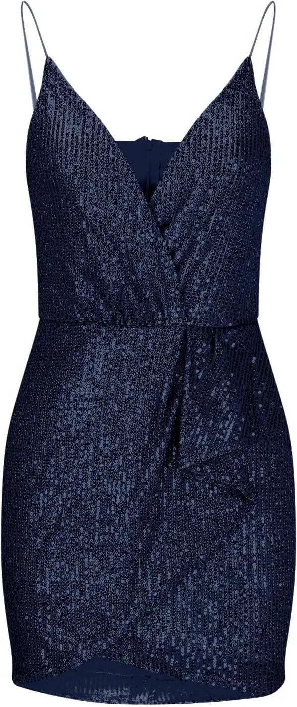 Cocktail Dresses for Women Sexy Deep V Spaghetti Straps Sequins Mini Dress Cross Pleated Backless Party Gown