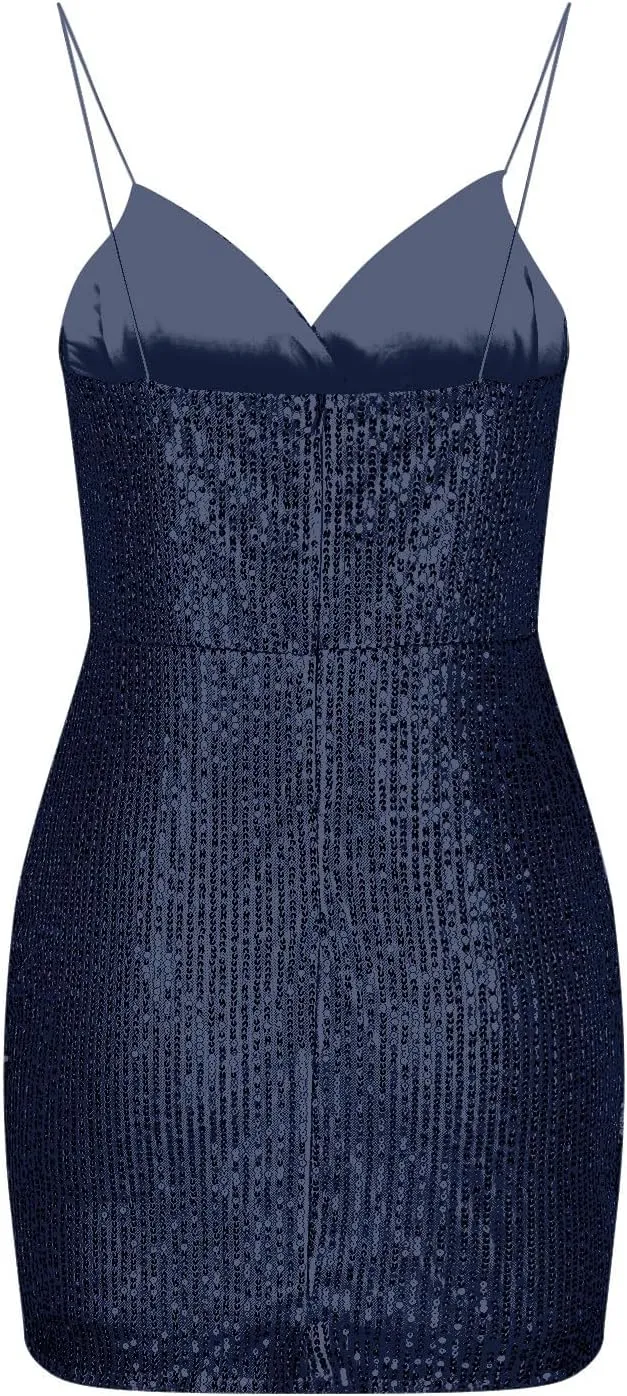 Cocktail Dresses for Women Sexy Deep V Spaghetti Straps Sequins Mini Dress Cross Pleated Backless Party Gown