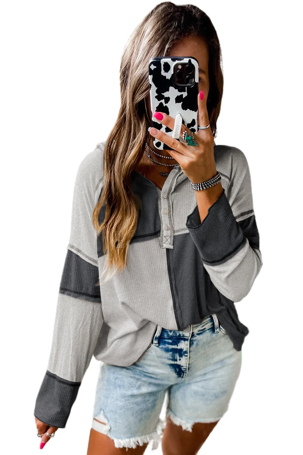 Colorblock Seamed Ribbed Henley Hoodie