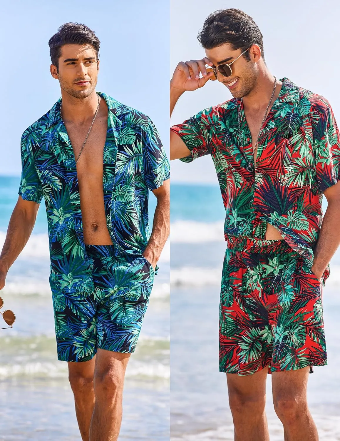 COOFANDY Men's Hawaiian Matching Shirt and Shorts Set Summer Beach 2 Piece Outfits Short Sleeve Cuban Shirts and Shorts