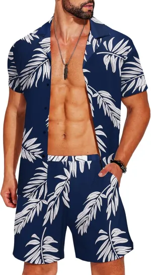 COOFANDY Men's Hawaiian Matching Shirt and Shorts Set Summer Beach 2 Piece Outfits Short Sleeve Cuban Shirts and Shorts