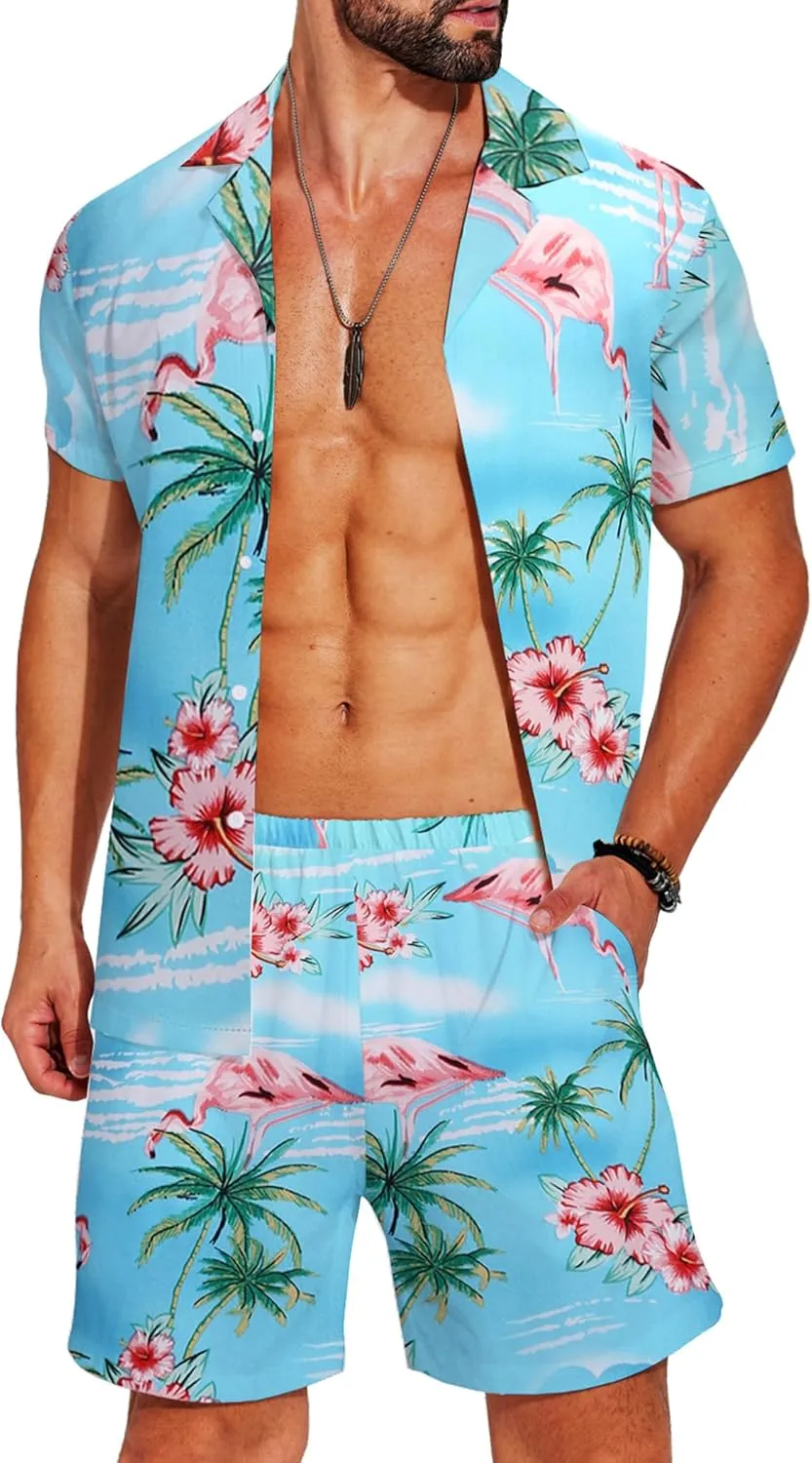 COOFANDY Men's Hawaiian Matching Shirt and Shorts Set Summer Beach 2 Piece Outfits Short Sleeve Cuban Shirts and Shorts